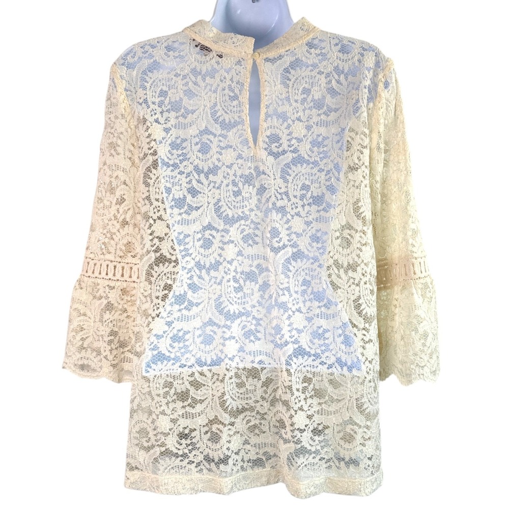 Cream Sheer Lace Bell Sleeve Top Sz M Boho Chic Romantic Cottage‎ French Girl - Picture 5 of 8
